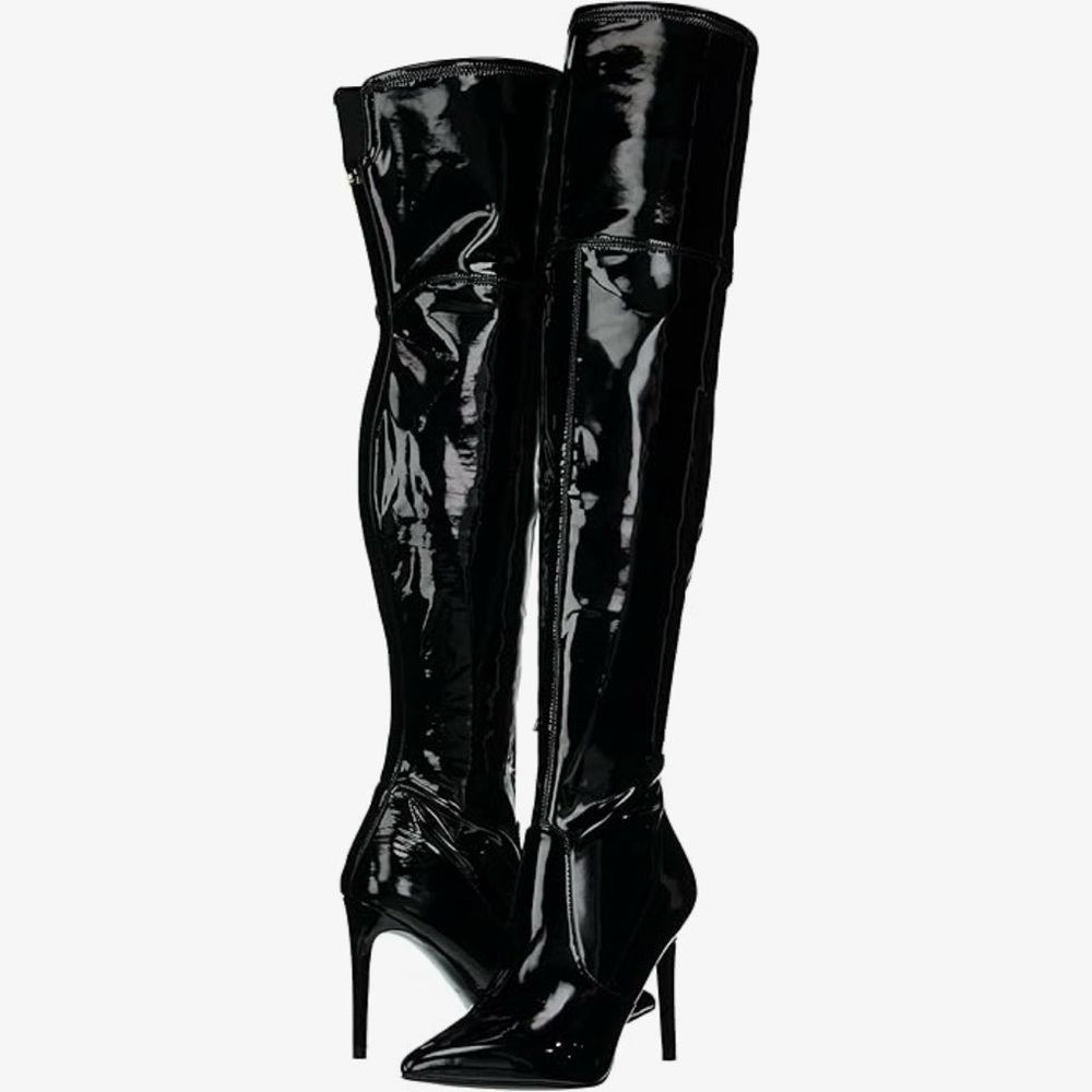 NWOB Guess Bowey Black Patent Stretch Over-the-Knee Stiletto Boots